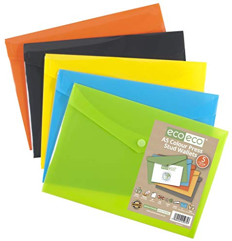 eco-eco A5 50% Recycled Assorted Colours Press Stud Popper Wallet, Plastic Folders (Pack of 5), Yellow, Green, Blue, Orange, Black