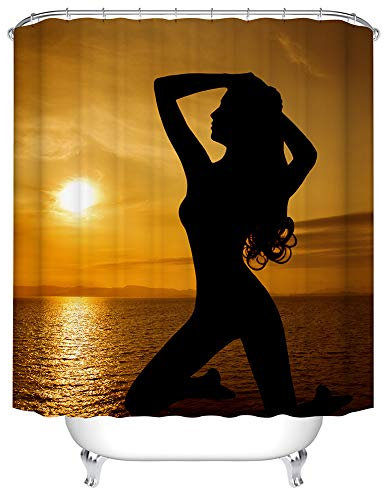 BOYOUTH Rideau de Douche Sexy avec Motif Femme et Coucher de Soleil sur la Plage - Impression numérique pour décoration de Salle de Bain - Polyester imperméable - 12 Crochets - 180 x 200 cm