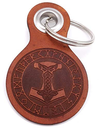 Samunshi® Porte-clés en cuir avec gravure avec différents motifs - Cadeau fabriqué en Allemagne - 38 couleurs - 8 x 4,8 cm, Marron cognac/gravé, Mjölnir mit Runen 8x4,8cm, Viking