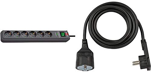 Brennenstuhl Eco-Line, Steckdosenleiste 6-Fach mit Überspannungsschutz (1,5m Kabel) anthrazit & Qualitäts-Kunststoff-Verlängerungskabel mit Flachstecker (3m Kabel) schwarz