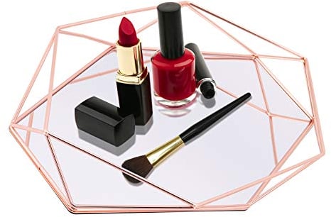 Bandejas organizadoras de cosméticos, bandeja de maquillaje con espejo de cristal polígono, bandeja decorativa de metal para tocador, tocador, baño, dormitorio (oro rosa)