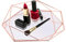 Bandejas organizadoras de cosméticos, bandeja de maquillaje con espejo de cristal polígono, bandeja decorativa de metal para tocador, tocador, baño, dormitorio (oro rosa)
