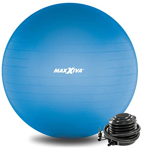 MAXXIVA® Gymnastikball Anti-Burst mit Luftpumpe bis 250 kg hautfreundlicher Sitzball Reha Hometraining Balanceball Yoga Pilates Sport Fitnessball (65 cm, Blau)