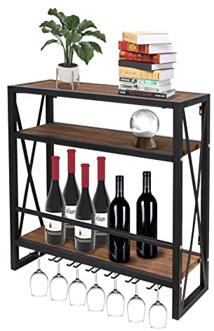 Todeco Weinregal Wandmontiert mit Glashalter Holz Metall Flaschenregal mit 3 Ebenen für 12 Flaschen Wein Weinständer mit Tassenablageregal geeignet für Küche maximale Belastbarkeit 50 kg, 60*20*62 cm
