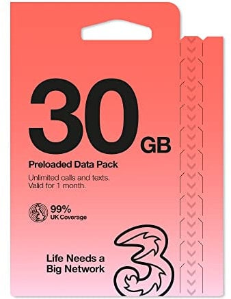 Three Mobile 30GB data pay as you go SIM