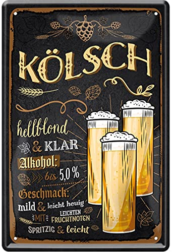 WOGEKA ART Retro Blechschild - Biersorten Steckbrief: Kölsch - witziger Spruch als Geschenk-Idee zum Geburtstag Weihnachten zur Dekoration 20x30 cm Vintage-Design aus Metall 793