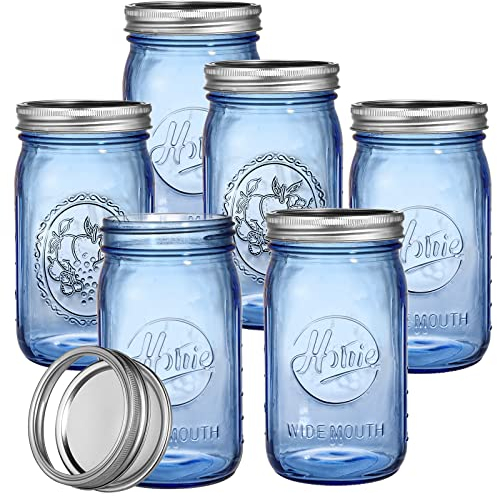 Tebery 6 Pack 32oz Vintage Blue Home Mason Jars with Airtight lids & Bands, Wide Mouth Quart Glass Canning Jar for Fermenting, Pickling, Storage, DIY Crafts & Decor
