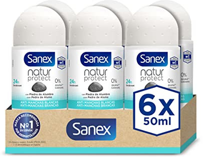 Sanex Natur Protect Deodorant Roll-On, 6 Stück x 50 ml, 24H-Schutz gegen schlechten Geruch, mit Aluminiumstein, 0% Alkohol, frei von Allergenen und Farbstoffen, Antitranspirant, Anti-weiße Flecken