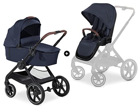 hauck 2in1 Kinderwagen mit Gummireifen Walk N Care Set ab Geburt bis 22 kg + 3 kg Korb, Wanne mit Memory-Knöpfen, Sitz mit Liegefunktion Wendbar Höhenverstellbar, Teleskopgriff (Dark Navy Blue)