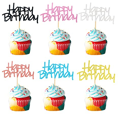 Arthsdite Cupcake-Topper Happy Birthday, 6 Farben, gemischte Kuchen, Lebensmittel, Obstspieße, für Geburtstagsparty, Dekoration, Zubehör, 24 Stück