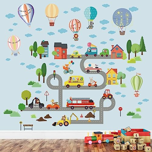 Tanlaby Auto Straße Wandtattoo Stadt Transport Wandsticker Heißluftballon Fahrzeuge Wandaufkleber für Kinder Baby Kinderzimmer Schlafzimmer Spielzimmer Wohnzimmer Klassenzimmer Wanddekoration