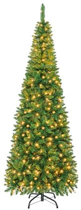 LIFEZEAL Albero di Natale con Luci Incorporate, Albero di Natale 225 cm, Albero di Natale, con 350 Luci a LED, 1085 Rami, Pop Up, Stretto, Foltissimo, PVC Ignifugo, Base in Acciaio, Christmas Tree