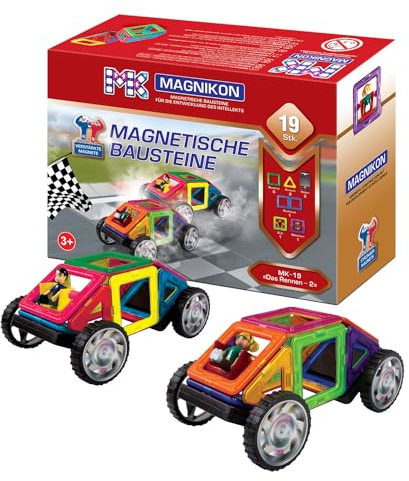 MAGNIKON Magnetische Bausteine MK-19 Das Rennen-2 mit Rädern - Magnet Spiel 19 teilig, Magnet Bausteine, ideal als Magnetspiel zur Förderung von Kreativität und Motorik, Magnetbausteine ab 3 Jahre