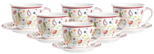 Ritzenhoff & Breker Shanti Café au Lait Tassen mit Untertassen 6er Set, 350 ml, Milchkaffeetassen und Milchkaffeeuntertassen mit floralem Blumen-Dekor, Porzellan, Bunt