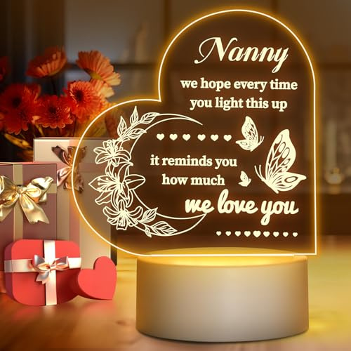 Winzwon Nanny Gifts for Christmas, Night Light Acrylic Lamp Room Decoration | Nan Birthday Gifts from Grandchildren, Personalised Presents for Nana Grandma Granny Mothers Day, Unique LED Bedside Lamp