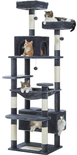 PAWZ Road Cat Tree for Large Cats 184cm, 6.1ft Large Cat Tower with Sisal-Covered Scratching Posts and Pads, 2 Padded Perch, Dual Condo and Basket for Indoor Cats-Dark Grey, 72.4 Inches