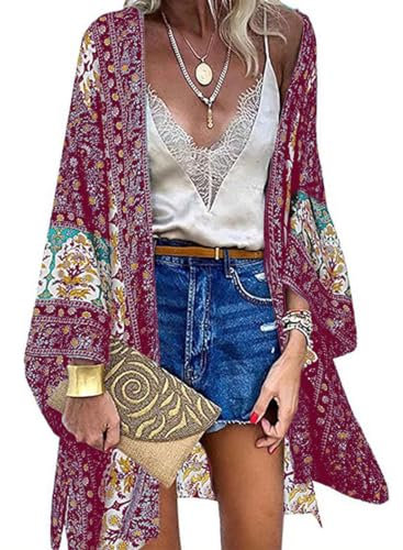Joligao Damen Kimono Cardigan Strand Sommer Blumendruck Kimono Strickjacke Boho Cardigan Beachwear Bedecken Bikini Cover Up Strandkleid，Weinrot，L