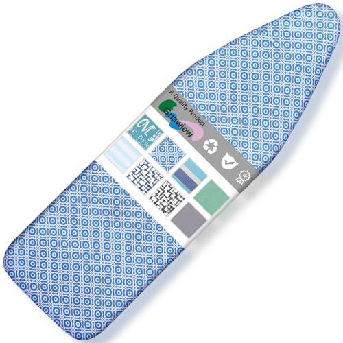 Gnawiew 4 Layers Ironing Board Cover And Pad - 124 X 38cm Extra Thick Cotton Padding With 2” Elastic Easy Installation 2 Click Buckles Stain Resistant Durable Scorch （BLUE CIRCLES）