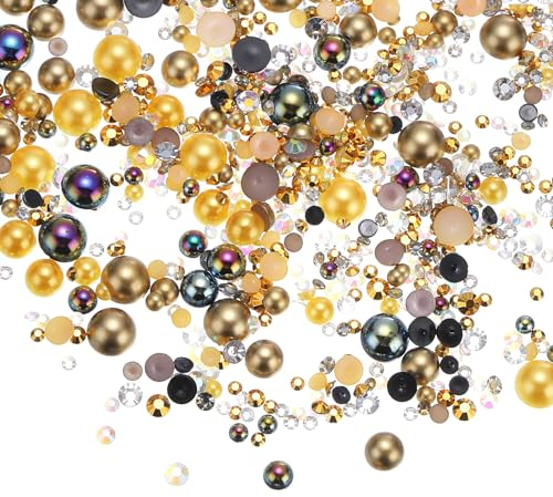 PATIKIL 30g Pearls and Rhinestones, 3-10mm Mix Flatback Rhinestones and Half Pearls Resin Rhinestone for Shoe Hair Nail Crafts Tumbler, Gold Black
