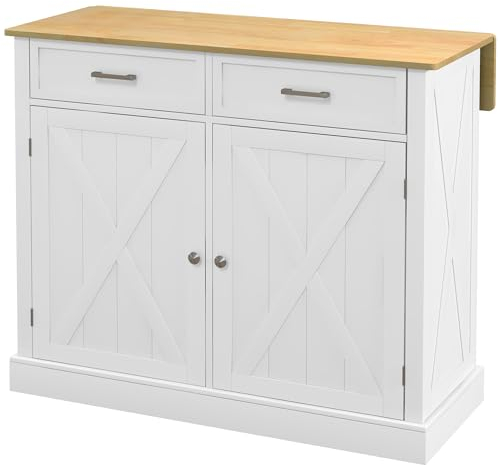 HOMCOM Isla de Cocina Mueble Auxiliar de Cocina con Encimera Plegable 2 Puertas 2 Cajones 4 Ruedas y Estante Ajustable 105x60x90,5 cm Blanco