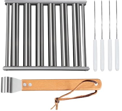 bephible Wurst Grillrost Wurst Roller Rack Kit Lebensmittelqualität Edelstahl Wurst Roller Rack mit Holz Langgriff BBQ Grill Zubehör Set