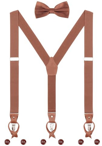 Herren Hosenträger Fliege Set 2 WAY TO WEAR 6 Leder Knopfloch 3 Clips Y-Form 3,5cm Breit Verlängerte Hosenträger für Körpergröße 160-200cm - Braun