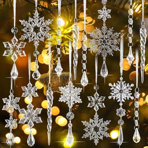 JOFONY 16 Stück Acryl Schneeflocken Christbaumschmuck,Schneeflocken Anhänger Weihnachten Deko,Christbaumschmuck Schneeflocken Deko Baumschmuck für Weihnachten Winter Dekoration