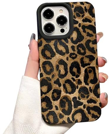 Reownest for iPhone 15 Pro Max Case Cute Brown Leopard Pattern Leather Aesthetic Phone Case for Women Girls Soft Silicone Protective Case for iPhone 15 Pro Max -Gold