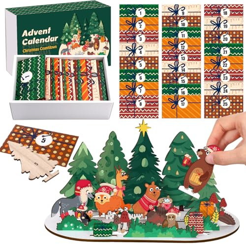 Colingmill Adventskalender aus Holz, Weihnachts-Countdown-Geschenk-Set, Waldtiere, Weihnachtsbaum, Adventskalender mit 25 Geschenkumschlägen für Tischfenster, Dekoration, Regale, Tischdekoration,