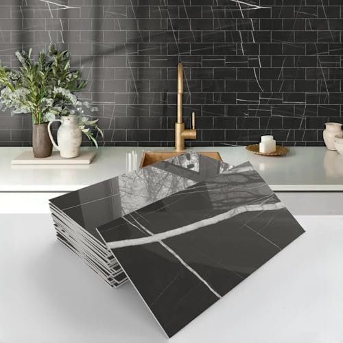 16 piastrelle autoadesive da parete in vinile, effetto marmo, per cucina e bagno, impermeabili, adesive (nero, 10,2 x 20,3 cm)