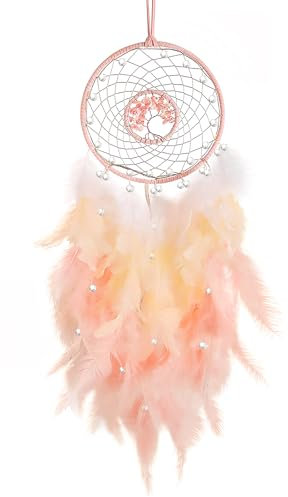 Dewocke Attrape-rêves, Attrape-rêves Arbre de Vie, Attrape Reve Rose, Dream Catcher avec Perles et Vraies Plumes, Capteur de Rêves avec Plumes Fait Main Dreamcatcher Décoration Murale Ornement Maison