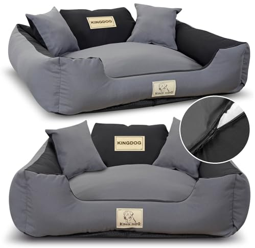KING DOG Hundebett Mittelgroße Hunde Waschbar M 75 x 65 cm Hundekissen Hundekorb Personalisiert - Name des Hundes Mit Reißverschluss Abnehmbares Kissen rutschfeste Unterseite Silikon Füllung Grau
