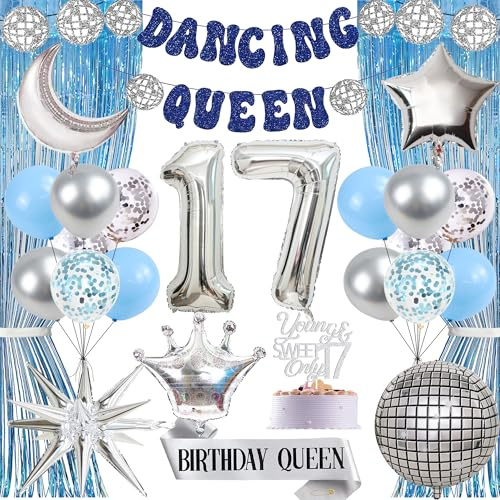 Dancing Queen 17. Geburtstag Dekorationen – 26 Stück Mamma Mia Party Dekoration Geburtstag Queen Schärpe Young & Sweet Only 17 Cake Topper Disco Ball Ballons Zahl 17 Ballon für Abba Party Supplies