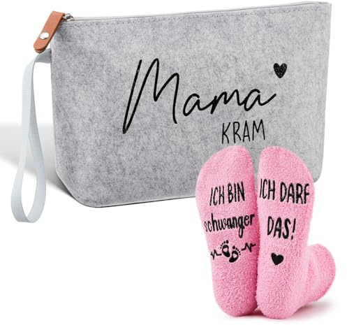 Jadive 2er Set Geschenke Mama Kram für Werdende Mütter Frau, Hellgrau, Rosa | Kosmetiktasche aus Filz mit Reißverschluss, Schwangerschaft Rutschfeste Socken, Neue Mama, Babyparty, Verkünden