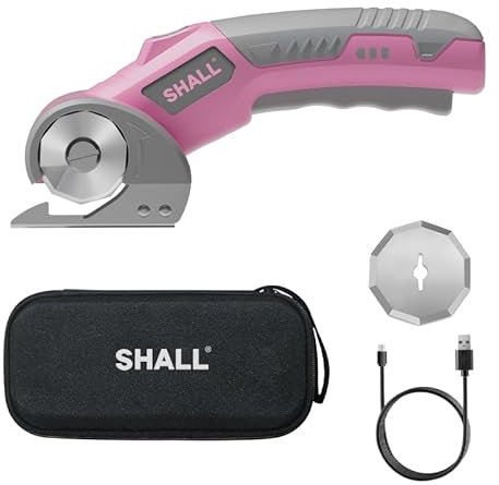 Shall 4V Cordless Electric Scissors with Safety Lock, LED Light & Replacement Blade – Rechargeable Rotary Cutter for Fabric, Leather, Carpet, Cardboard and Plastic - Pink & Grey