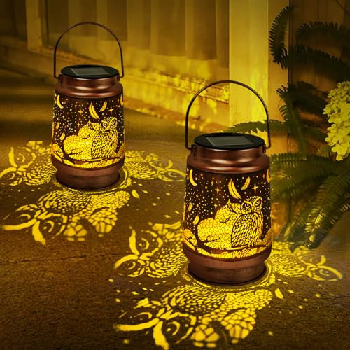Joellfuner Linterna Solar Exterior Jardín, Farol Solar para Exteriores con Motivos de Búhos Recortados, Linterna Jardin al Agua, Lampara Vintage para Patio Terraza Césped Camping, 2 Piezas