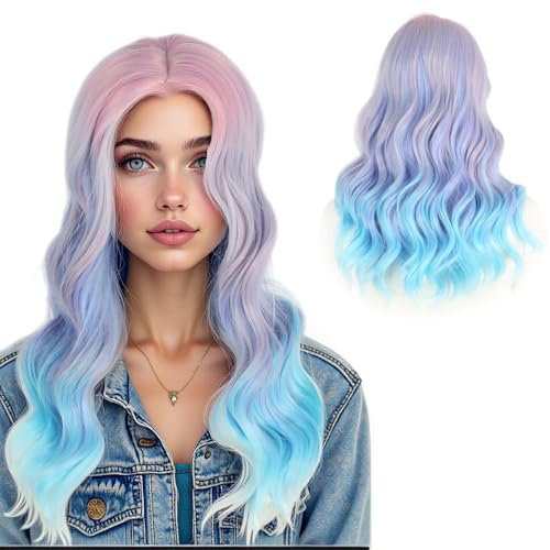 Parrucca ondulata lunga, ombré pastello, rosa viola chiaro, capelli sintetici