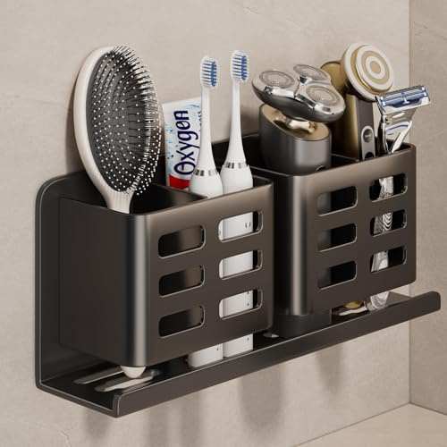 YESENT Porta spazzolino elettrico in alluminio, porta rasoio，Nero 4 slot | Ampio spazio di archiviazione, impermeabile e antiruggine, porta spazzolini e porta rasoio.