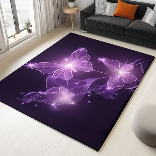 Generisch Wohnzimmer Teppich Schmetterling Lila Glitzer 140x200 cm Weich Flauschig Waschbarerr Teppiche, Modern Druck rutschfest Teppich für Schlafzimmer Esszimmer KüChe Flur