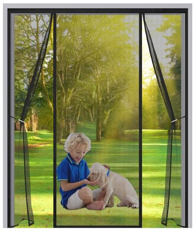 Magnet Fliegengitter Tür 205x215cm,Fliegengitter Balkontür Magnet Doppeltür, Ohne Bohren,Katzenkrallen Sicher,Insektenschutz Doppeltür für Schiebetür Terrassentür und Doppelbalkontür,Schwarz