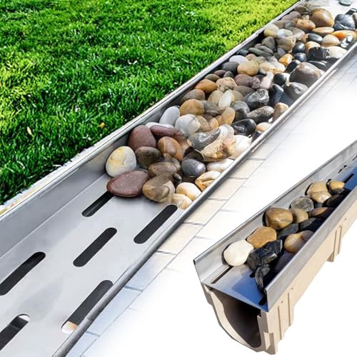HDZNDH Trench Drain With 304 Stainless Steel Grate,French Drain Kit For Yard,Pebble Filling,Convenient Assembly,For Yard Concrete Garden