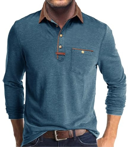 Volemo Mens Long Sleeve Polo Shirts Casual Smart Tops Blue M