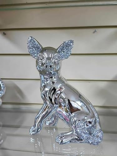 Biznest Spanish Decorative Chihuahua And Sausage Dog Shelf Display Ornament Silver Crushed Diamante Eye Catching Effect Freestanding Perfect For Dog Lover's (Chihuahua Dog)