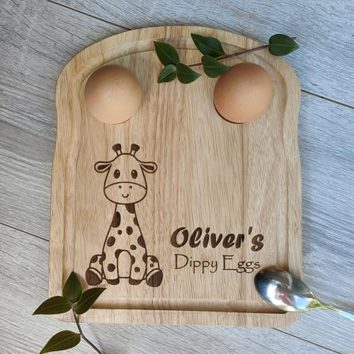 Personalised Wooden Egg Board – Custom Giraffe Dippy Egg Holder for Kids – Breakfast Gift with Name