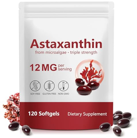 Astaxanthin 12mg Supplements, 120 Softgels Premium Astaxanthin Antioxidant Supplements Supports Eye, Joint, Internal Circulation, Skin Health & Natural Tanning, Fresh Microalgae Source
