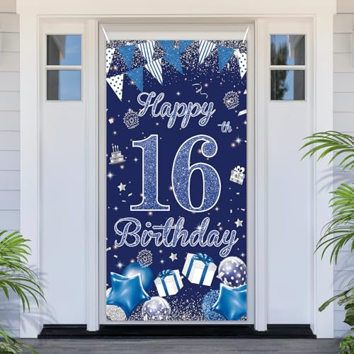 PartyYaa 16th Birthday Banner Decorations, Happy 16th Birthday Door Cover, Extra Large Blue Silver Party Banner Photo Booth Background Decor Sign Poster for Indoor Outdoor