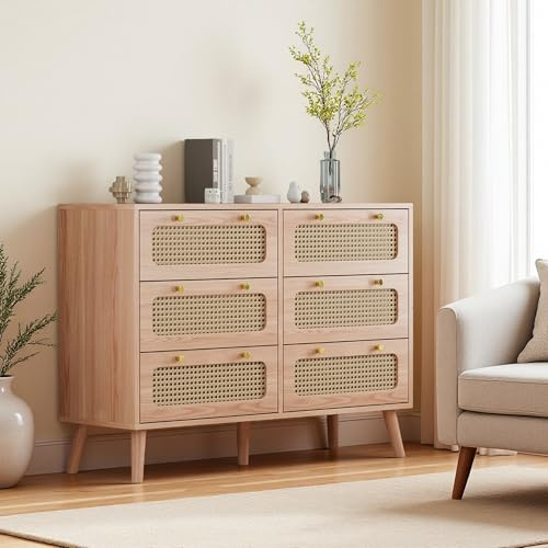 Kommode mit 6 Schubladen, Kommode für Schlafzimmer, Korb, Aufbewahrungsmöbel aus Holz und Rattan, für Wohnzimmer, Schlafzimmer, Esszimmer (Cannage-6 Schubladen, 100 x 34 x 73 cm)