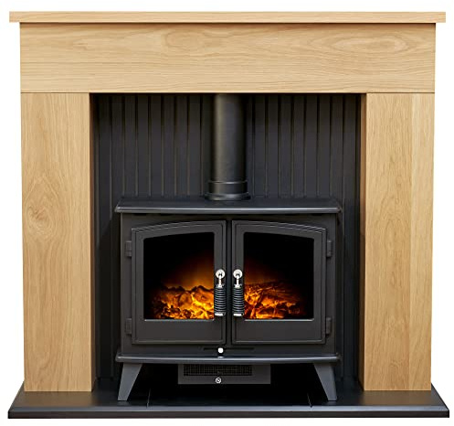 Adam Innsbruck Stove Fireplace in Oak with Woodhouse Electric Stove in Black, 45 Inch