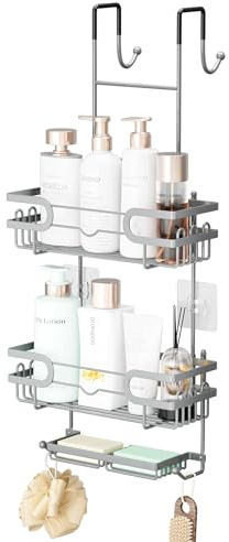 SWTYMIKI Shower Caddy Hanging - 3 Tier Over Door Shower Shelf With 16 Hooks and 2 Soap Dish, Rustproof Hanging Shower Organiser, Bathroom Storage Rack No Drill for Shampoo and Razor Soap, Black