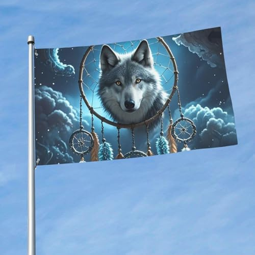 Flagge, 150 cm x 90 cm, für drinnen und draußen, mit Öse, 3D-Wolf, Traumfänger-Flaggen für den Außenbereich, Garten, Hof, Banner, dekoratives Schild, saisonale Willkommensflagge für Veranda
